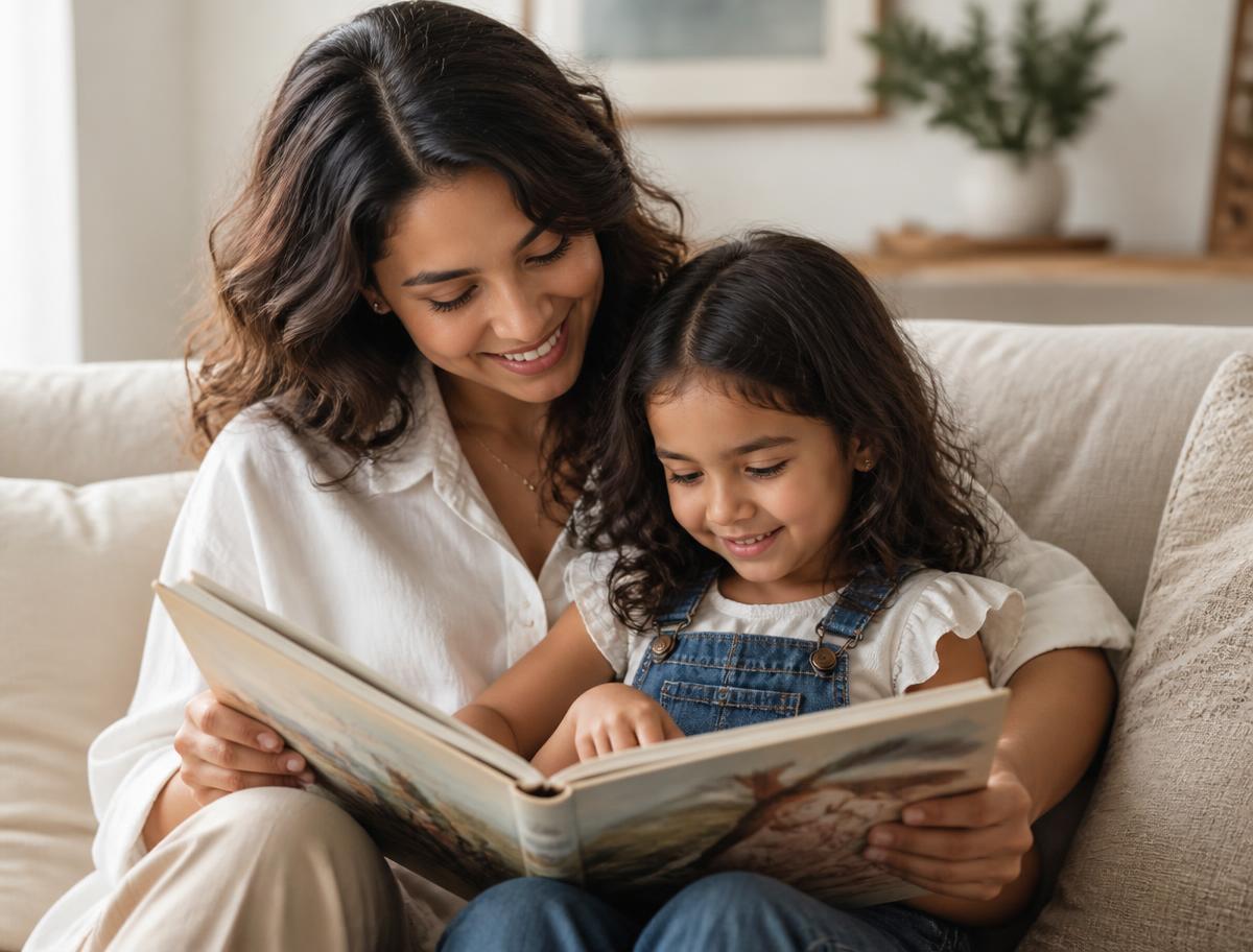 A parent and child sharing a picture book together