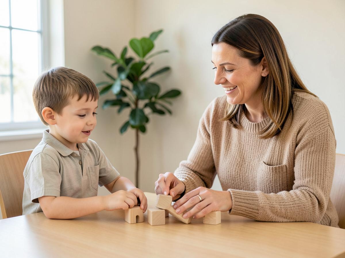 Speech pathologist and child sharing a wooden-block activity