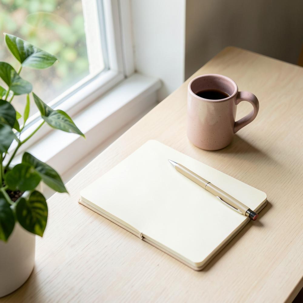 A quiet workspace with a blank notebook, pen, pink mug and leafy plant