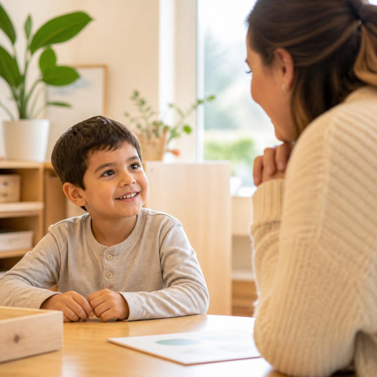 A young boy smiling during a speech pathology session with his therapist